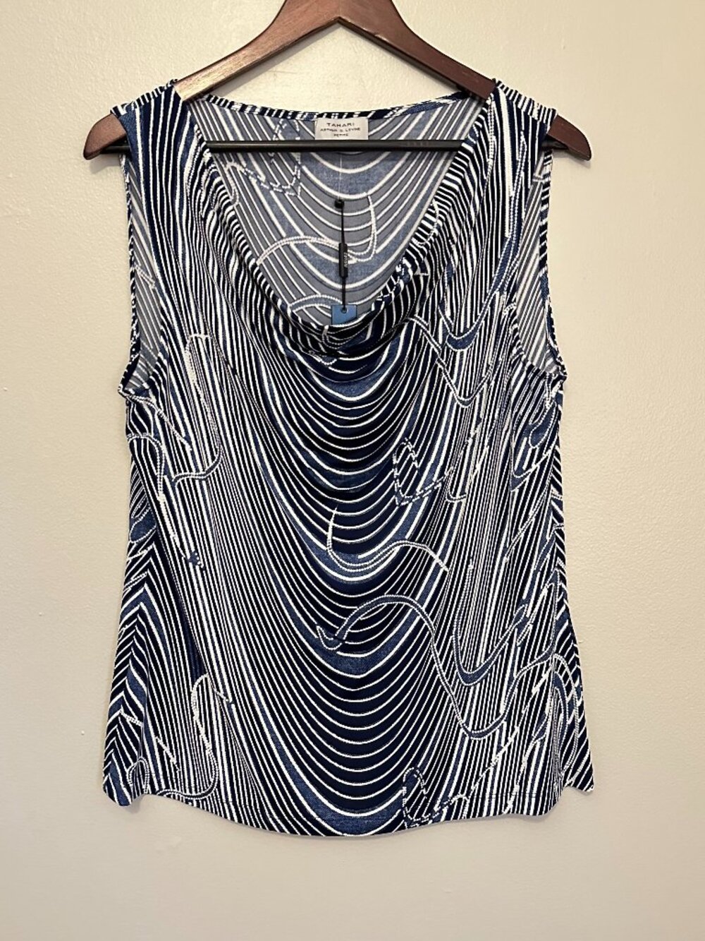 NWT [Tahari] Blue & White Stripe Cowl Neck Sleeveless Top Petite L